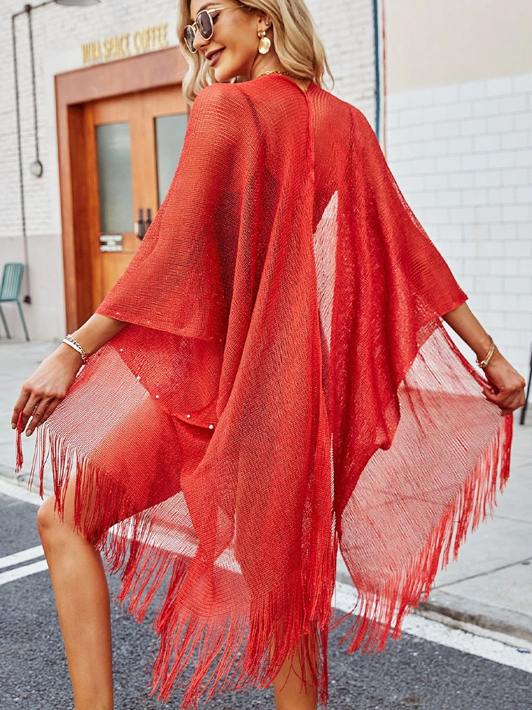 Kimono transparente con borlas para mujer, chal de playa, cárdigan de moda, ropa de playa