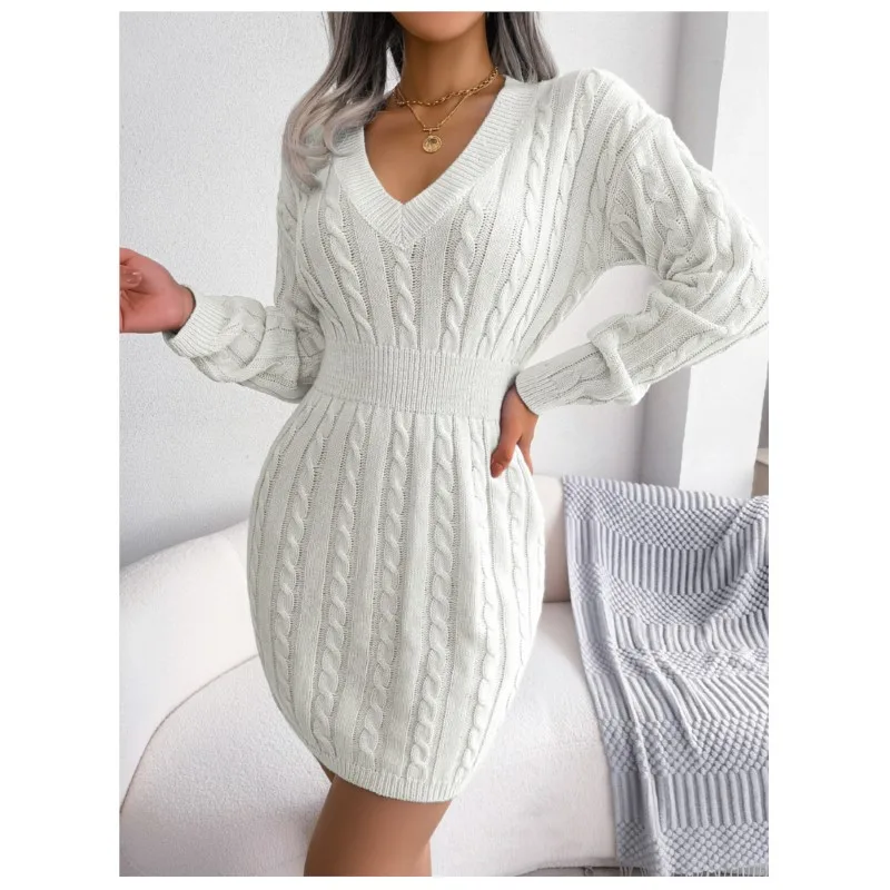 

Autumn And Winter Fashion Waist Fried Dough Twists Wrap Buttocks Dress Women's V-neck Long Sleeve Slim Pencil Dress Elegantes