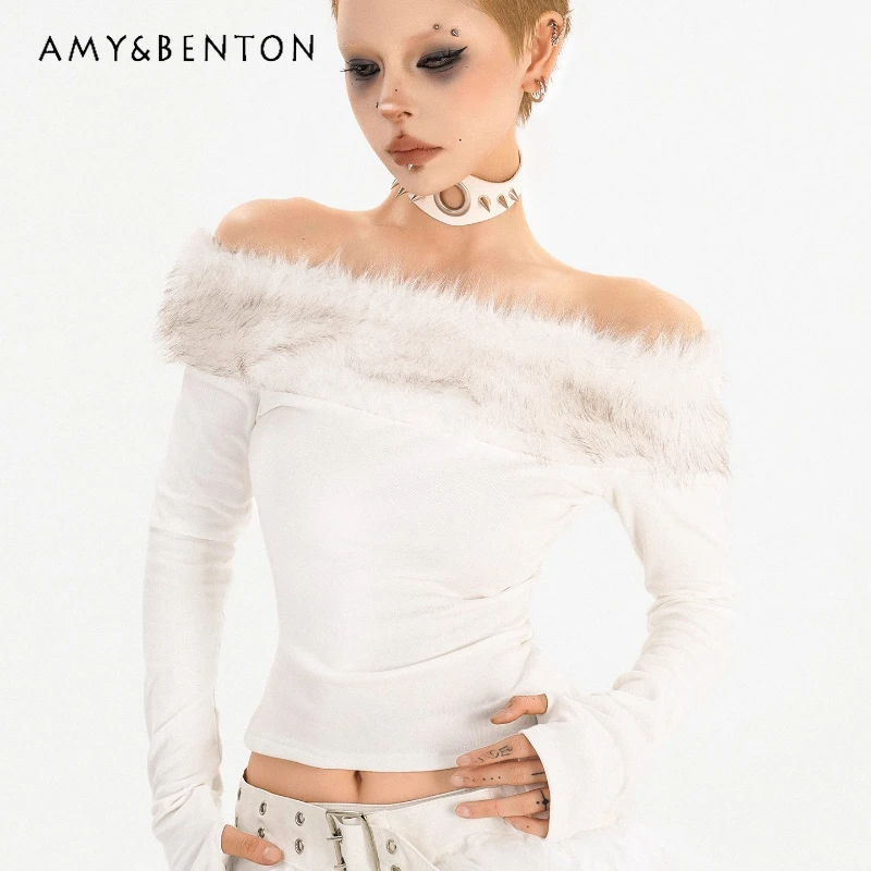 

Original White Sweet Cool Off-Shoulder Fur Collar Splicing Women's Bottoming Shirt Autumn Sexy Hot Girl Long Sleeve T-Shirt Girl