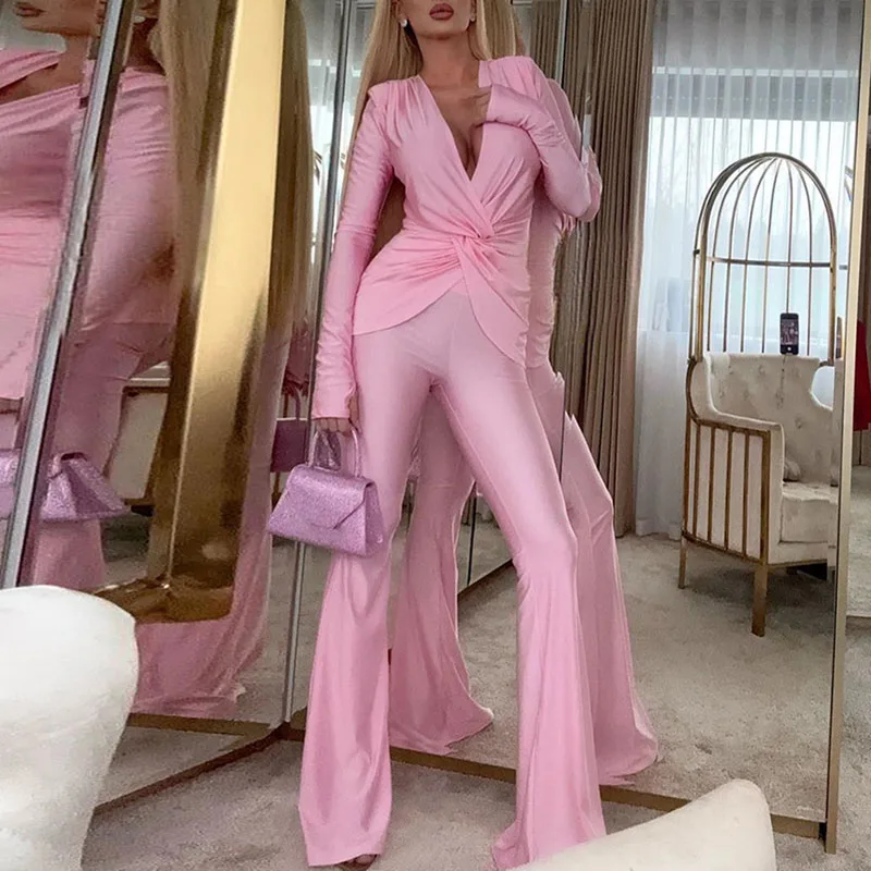 2025 Fashion Hight Waist Slim Suit Sexy V-neck Long Sleeve Top & Long Pant Set Women Elegant Twist Solid Color Two Piece Outfits