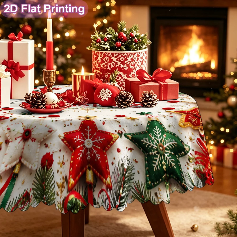 2D flat 1-piece round tablecloth, Merry Christmas star pendant wreath pattern