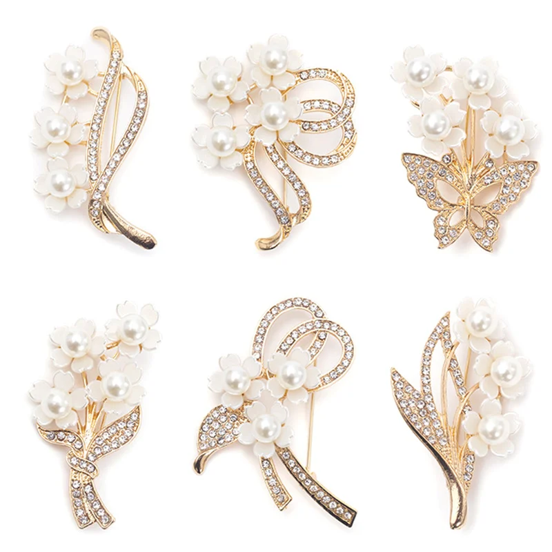 1pc Vintage Flower Bunch Pearl Rhinestone Brooches For Women Wedding Crystal Bouquet Corsage Clothing Pins Jewelry Accessories