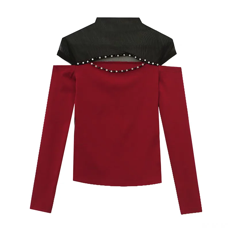 

2025 New European Women's Long Sleeves T-shirt Clothes Chic Sexy Hollow Out Hot Diamonds Tees Elegant Ladies Slim All-Match Top