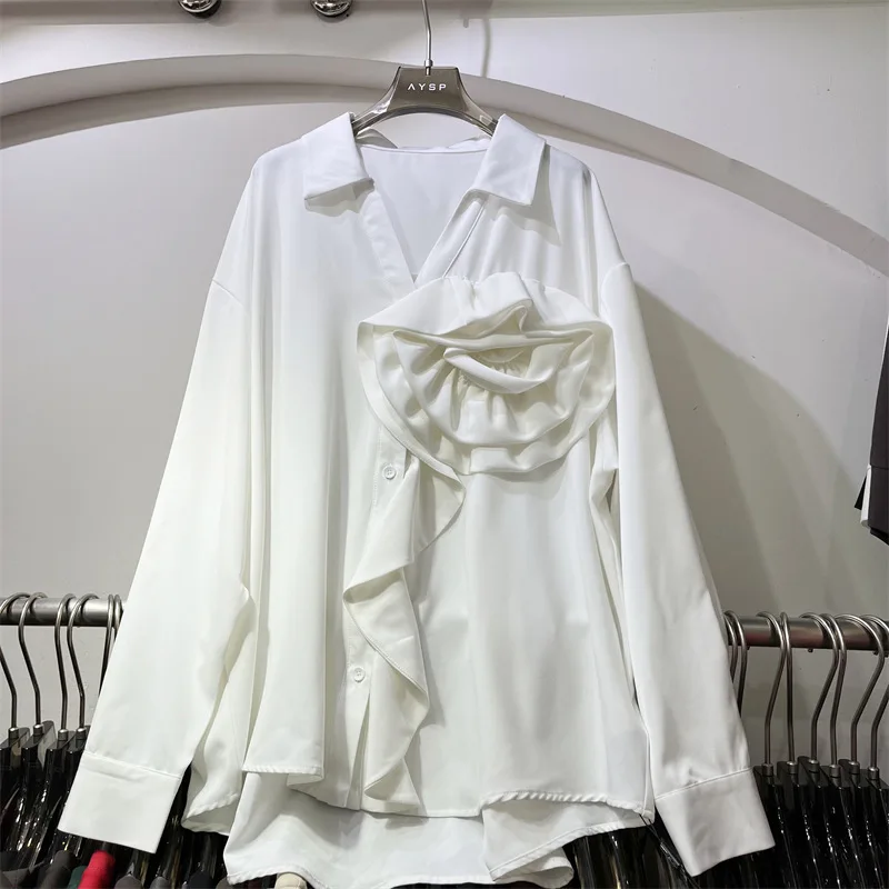 

SuperAen Elegant Ruffles Three-dimensional Flowers Long-sleeved Shirts for Women 2026 Spring New Fashion Loose and Casual Shirts