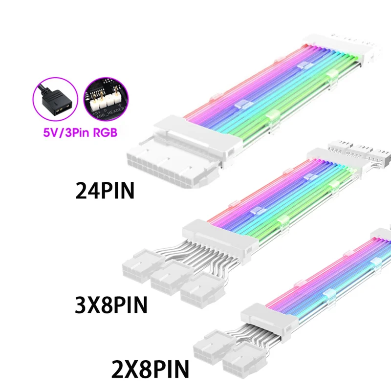 AED6-PC حافظة PSU تمديد كابل ARGB ATX 3X8PIN PCI-E GPU خط ألوان النيون ARGB غاسل نقل بطاقة الرسومات كابل الطاقة دورا