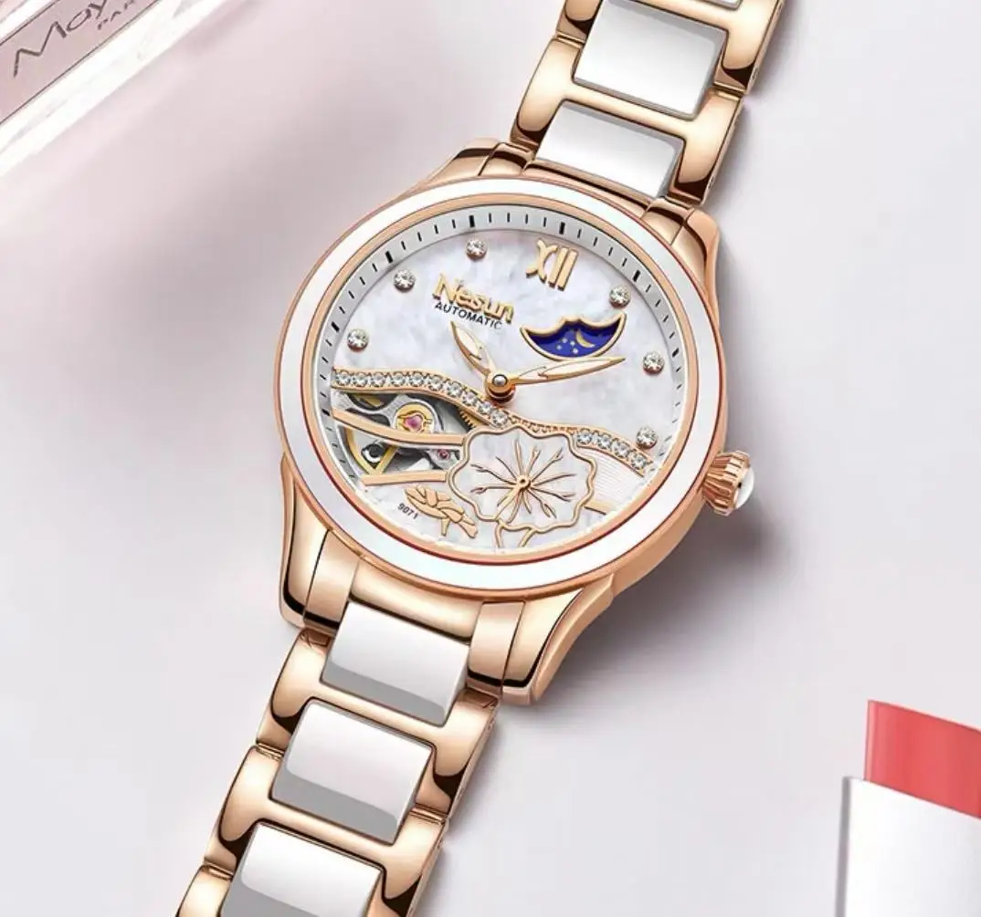 ساعة نسائية هدية للرجال من NESUN، ساعة نسائية ميكانيكية أوتوماتيكية بالكامل، أنيقة، كاجوال، مضيئة بهيكل عظمي، هدية للرجال