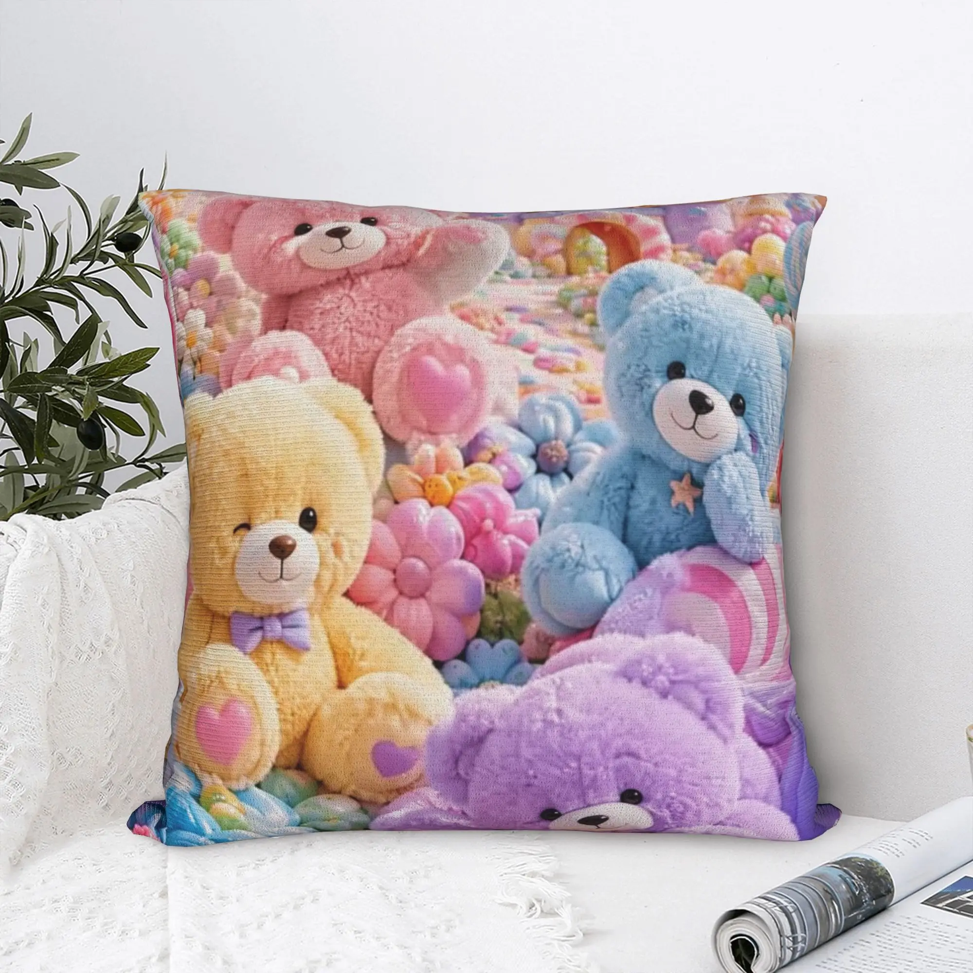 3D Teddys Bear Sweet Cartoon Lovely Square Pillowcases Polyester Home  Cushion Cover Funny Decorative Pillow Cover 45*45