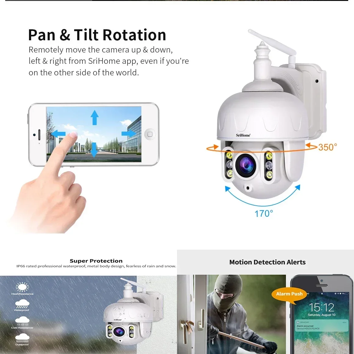 Srihome SH028 3.0/5.0MP Outdoor IP Camera Waterproof 5X Optical Zoom Wifi 360° P2P 2-Way Audio Wireless Surveillance CCTV PTZ