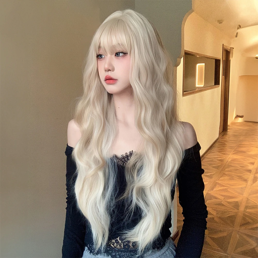 

Blonde Wavy Natural Wig with Bangs Golden Long Curly for Women Daily party Use Cosplay Wig Heat Resistant Synthetic Wigs