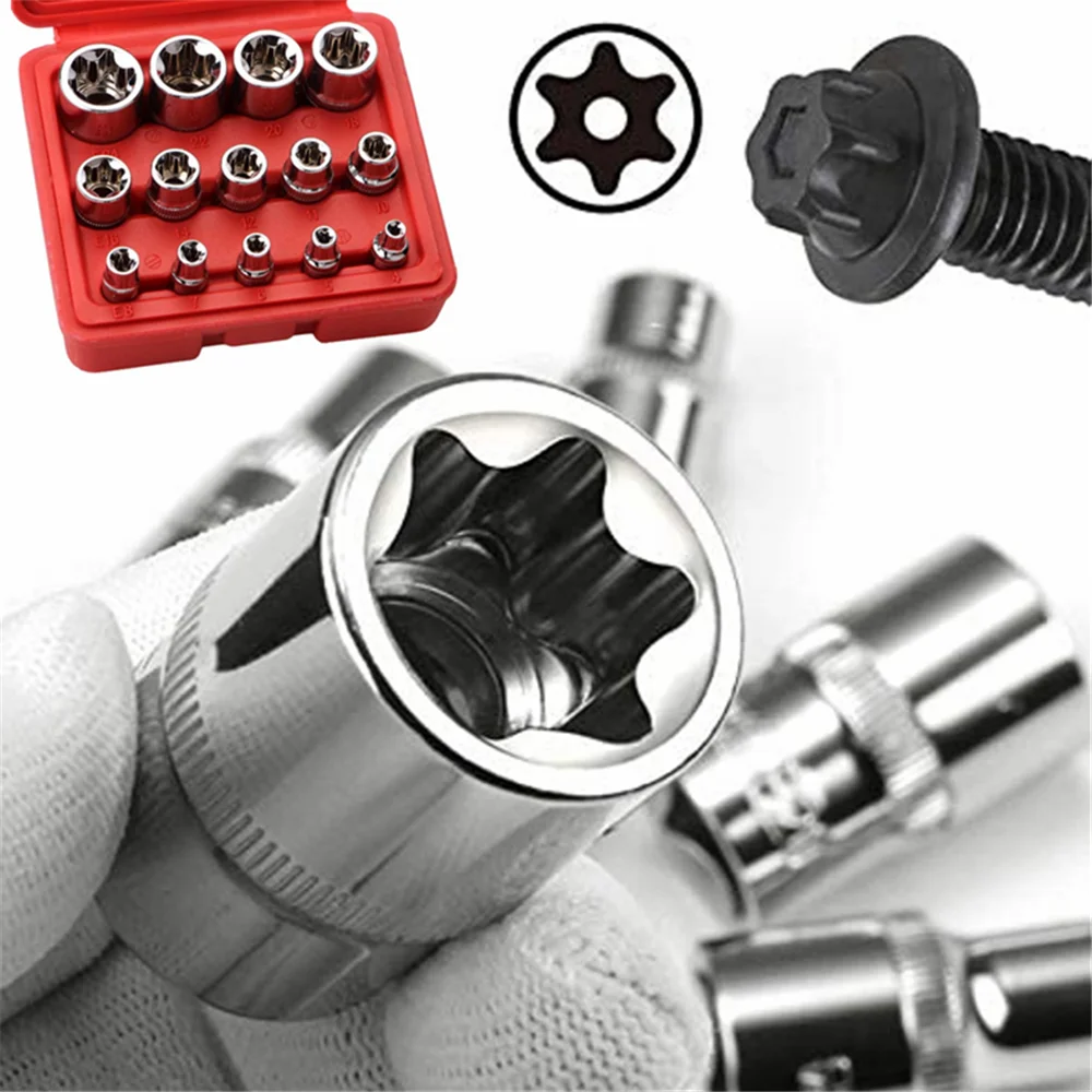 

14PCS Female E Star Torx Socket Set E4-E24 E-Torx External Hex Socket Insert Nut 1/2 1/4 3/8" Bolts Hex Socket Repair Tool Kits