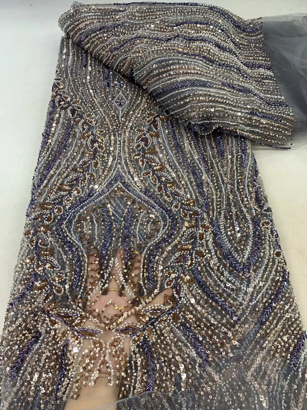 

Серая кружевная ткань с бисером, роскошные высококачественные вышитые блестками ткани 5 ярдов 2024, африканские элегантные бриллиантовые платья, новинка