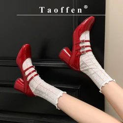 Taoffen New Mary Janes Women's Pumps Patent Leather Round toe Shoes Fashion Buckle Strap Footwear Solid Office Lady High Heel