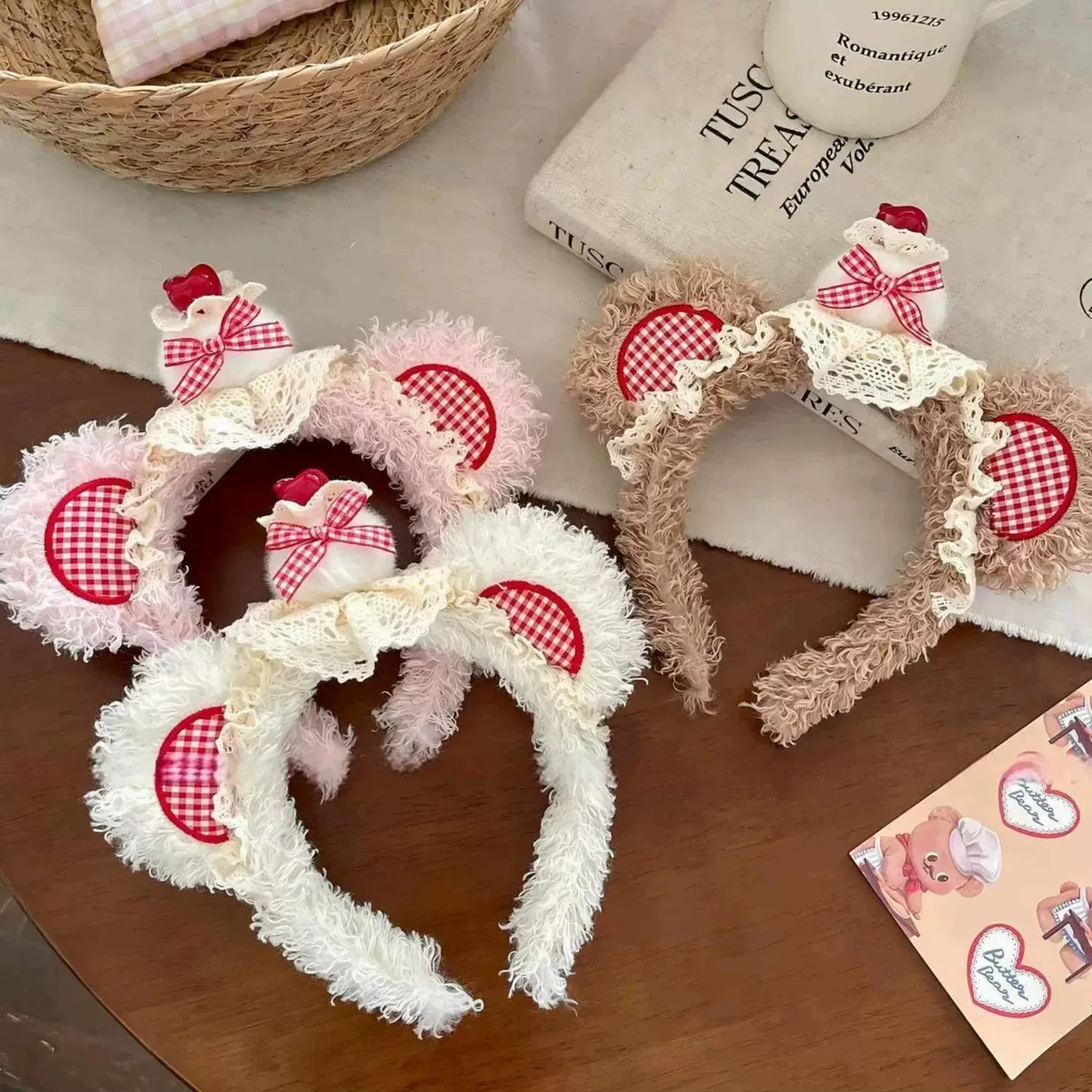 Cute Plush Bear Ear Headband with Gingham Bow, Lace Trim and Mini Cake Decoration for Women, Party Photo Hair Accessory