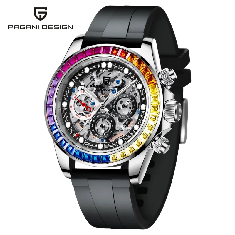PAGANI DESIGN-1653 Automatic Watch,Rainbow Crystal Bezel Steel Bracelet Luminous Mechanica Skeleton Multi-Function Dial
