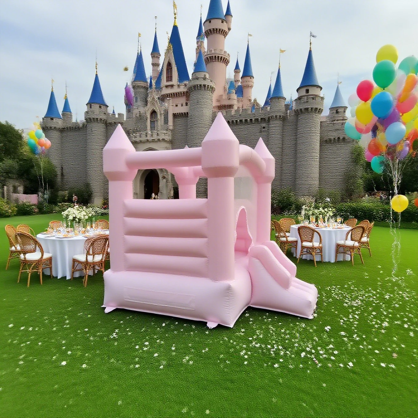 Trampolín inflable de tobogán inflable de castillo inflable rosa para interiores y exteriores con soplador