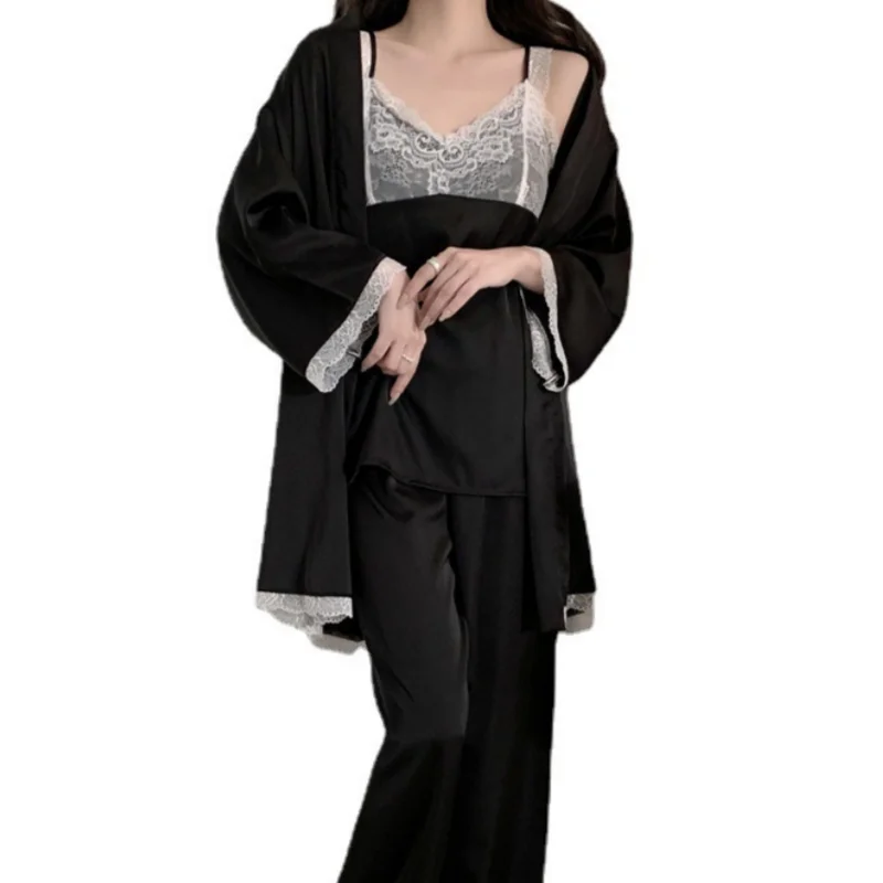 Thin Ice Silk Nightwear Solid Color Leisure Home Suit V-neck Sling Top Shorts Pants Robe Four Piece Pajamas Set Women's Clothes