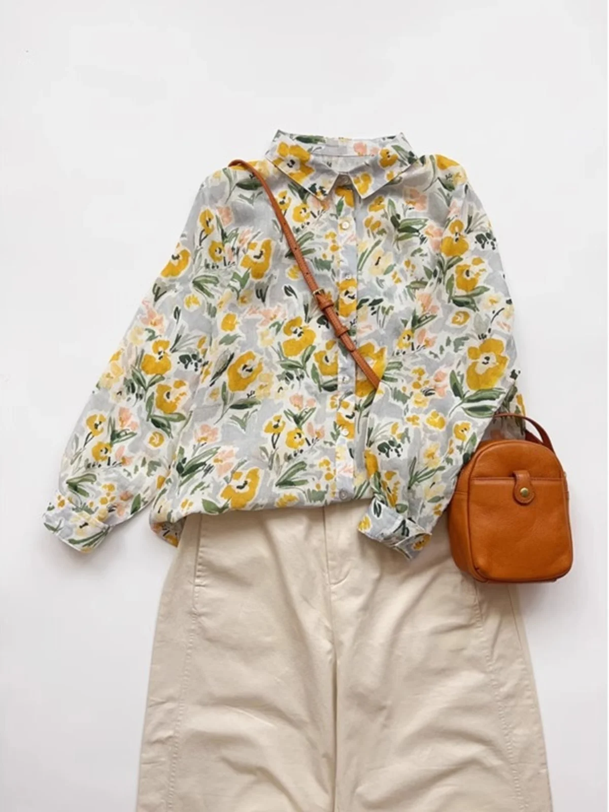 

Retro Artistic Floral Print Long Sleeve Women's Linen Shirt Casual Comfortable Loose Fit Button up Cotton Linen Top