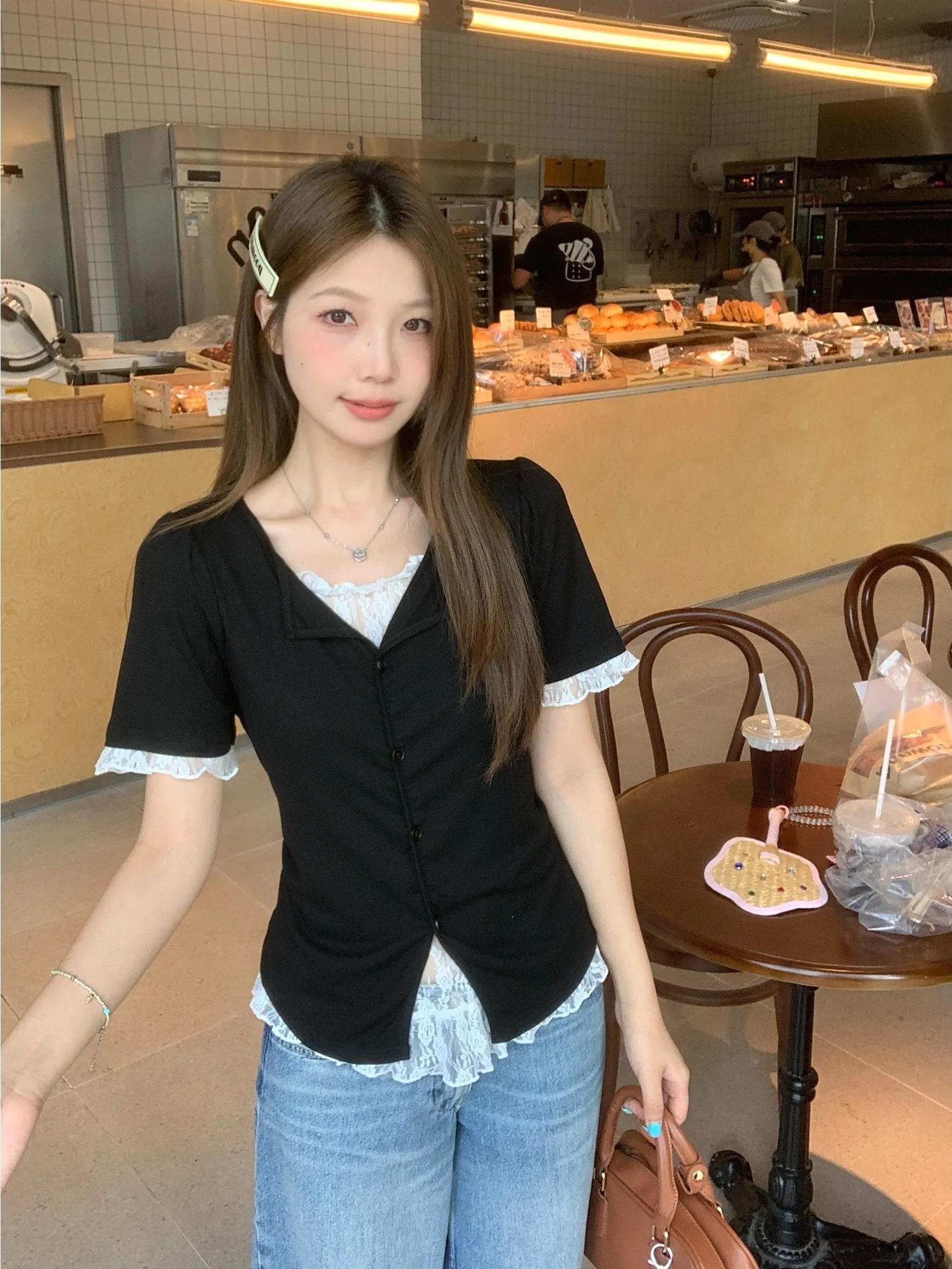 

Sweet Style Lace Splice Fake Two-Piece Short Sleeve T-Shirt Women's Summer New Design Elegant Top plus Size Korean Style Slim...