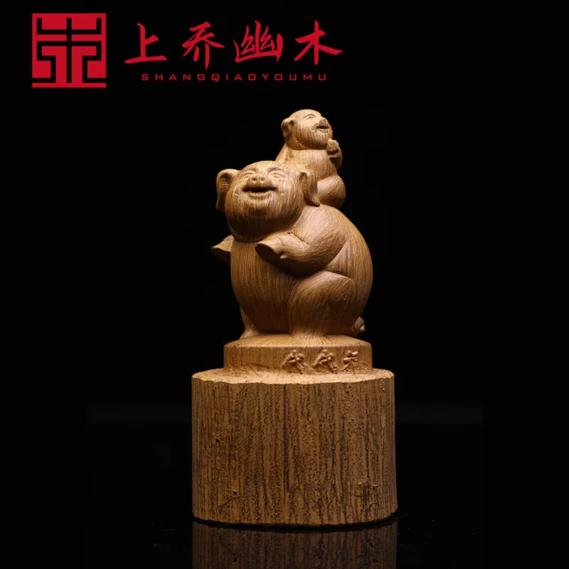 

Chenxiang handmade wood carving for generations of blessing ornaments, twelve Chinese Zodiac pigs, solid wood pig crafts, home