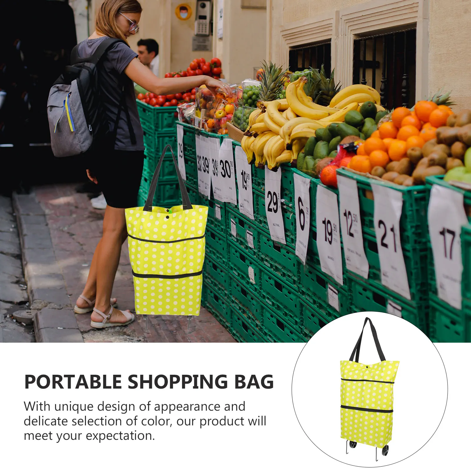 

Folding Shopping Cart Grocery Bag Wheels Portable Large Capacity Trolley Green DotReusable Storage Household Item Foldable