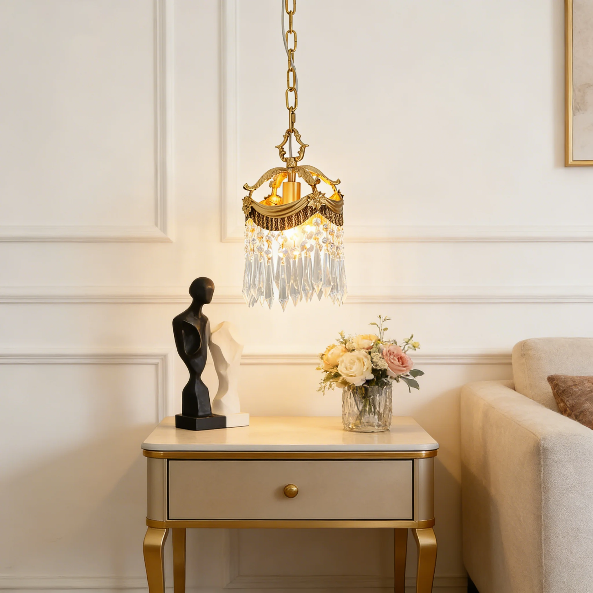

French Vintage Italian Style LED Crystal Pendant Light Brass Gold Finish Adjustable Height High CRI 90 for Bedroom Corridor
