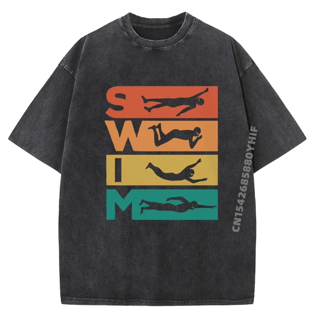 

Short Sleeve Tops & Tees Graphic Cotton Fabric women's Tshirts Retro Swimming For Swimmers Graphic Tops Washed Tees