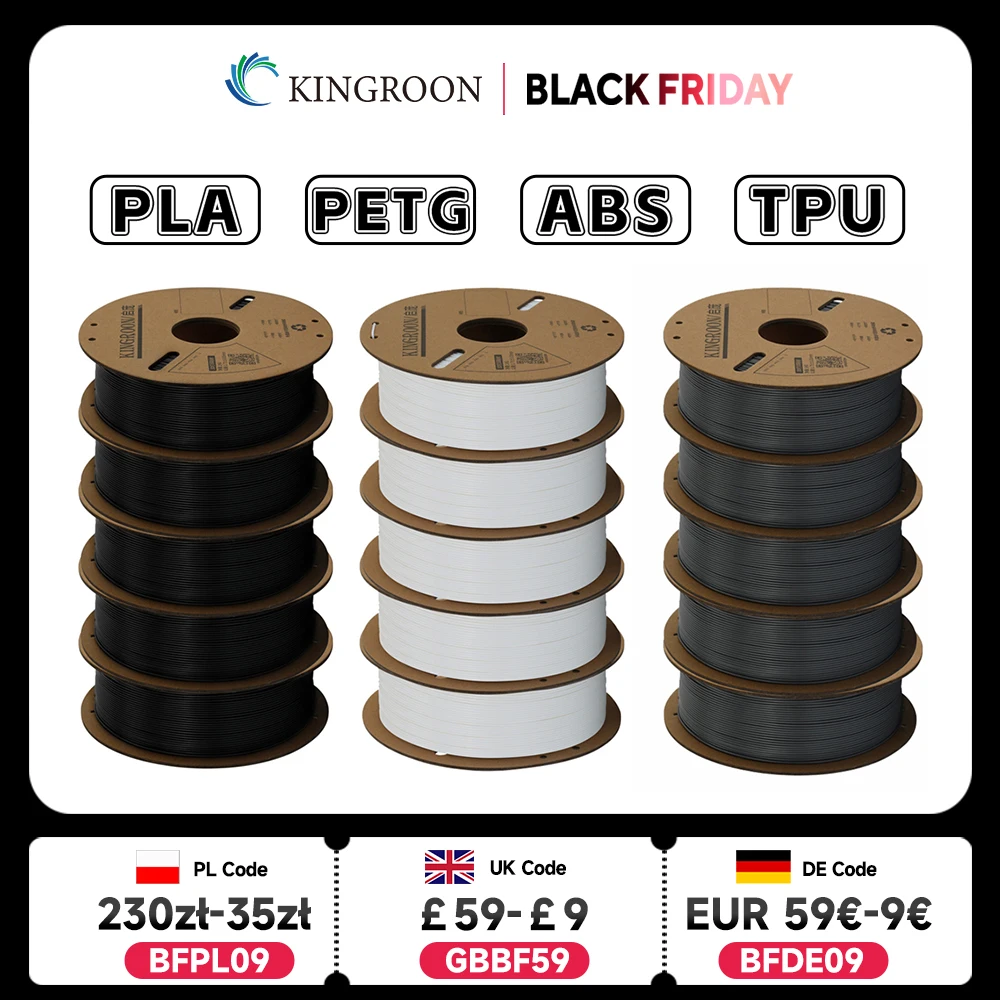 

KINGROON 3D Printer Filament PLA PETG TPU ABS 5KG Bundle Black White Gray 1.75mm No bubbles Plastic 5 roll 1kg , Random Spool