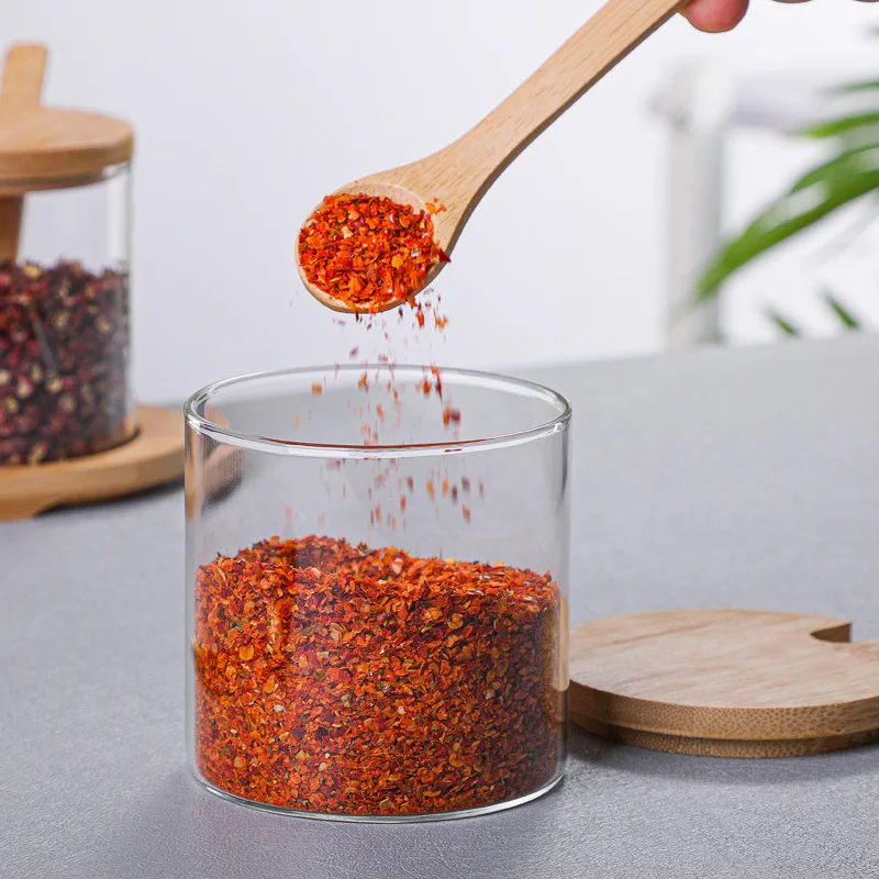 3PCS Glass Household Condiment Jars Salt Sugar Wooden Lid Transparent Paprika Container with Spoon for Kitchen