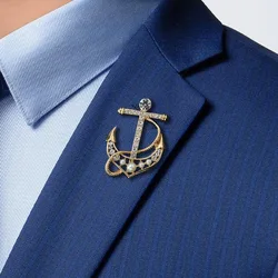 Vintage Ship Anchor Brooch Rhinestone Nautical Metal Fixed Clothing Pins Suit Coat Hat Corsage for Men Travel Jewelry Gift
