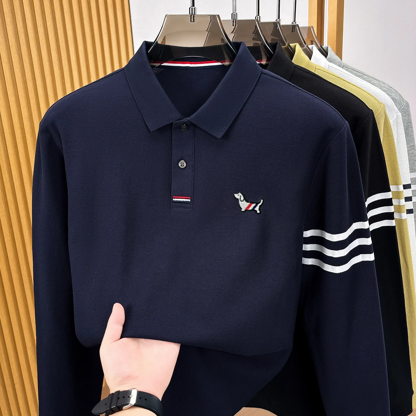Hochwertige 100% Baumwolle Langärmel Polo Shirt Mode Marke Männer neue Cartoon Welpen Stickerei Komfort Herbst Casual Streifen T-Shirt – Detail 15