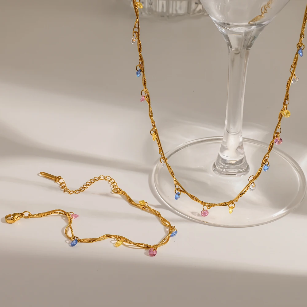 Damen-Set aus 18K vergoldetem Edelstahl mit Naturstein-Kette, Armband und Halskette im Urlaubsstil, farbenfroher edler Schmuck – Detail 4