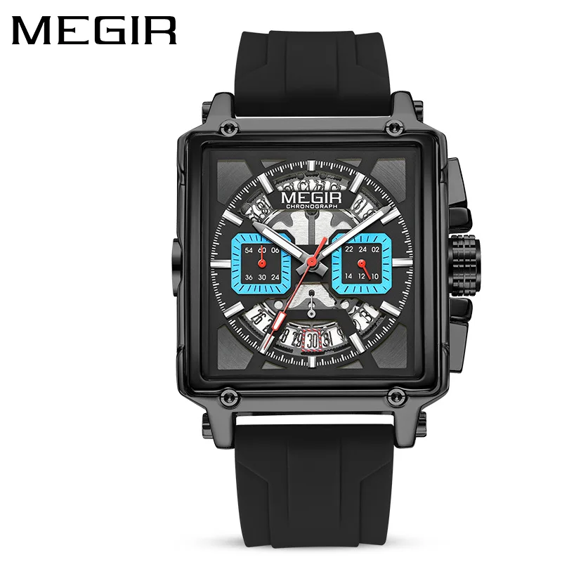 

MEGIR 2233 Quartz Watch Fashion Sport Black Blue Square Luminous Wristwatch with Date Analog Display Silicone Strap Men Clock