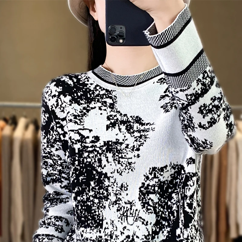 Women O-Neck Long Sleeve Pullover Knitted Ink and Wash Fashion Cotton Sweater Long Sleeve Casual Slim All Match Jumper Female