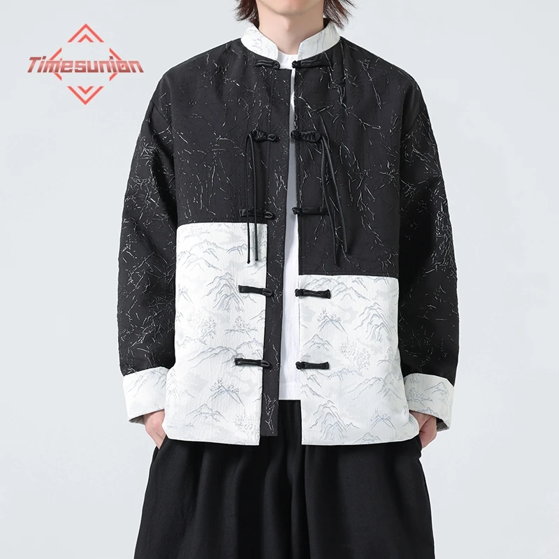 

Длинные рукава куртки для Man Tang Одежда Винтаж Splicing Мужская одежда лягушка Человек Жаккард Stand Воротник свободный Hanfu куртка