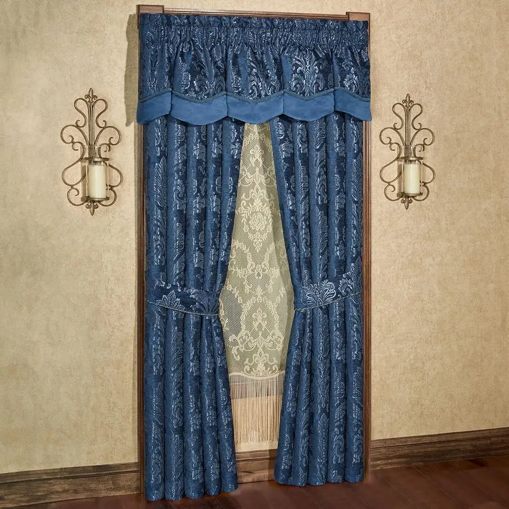 

Luxury Navy Blue Matte Satin Chenille Drapery Set with Scalloped Valance and 95L Curtains