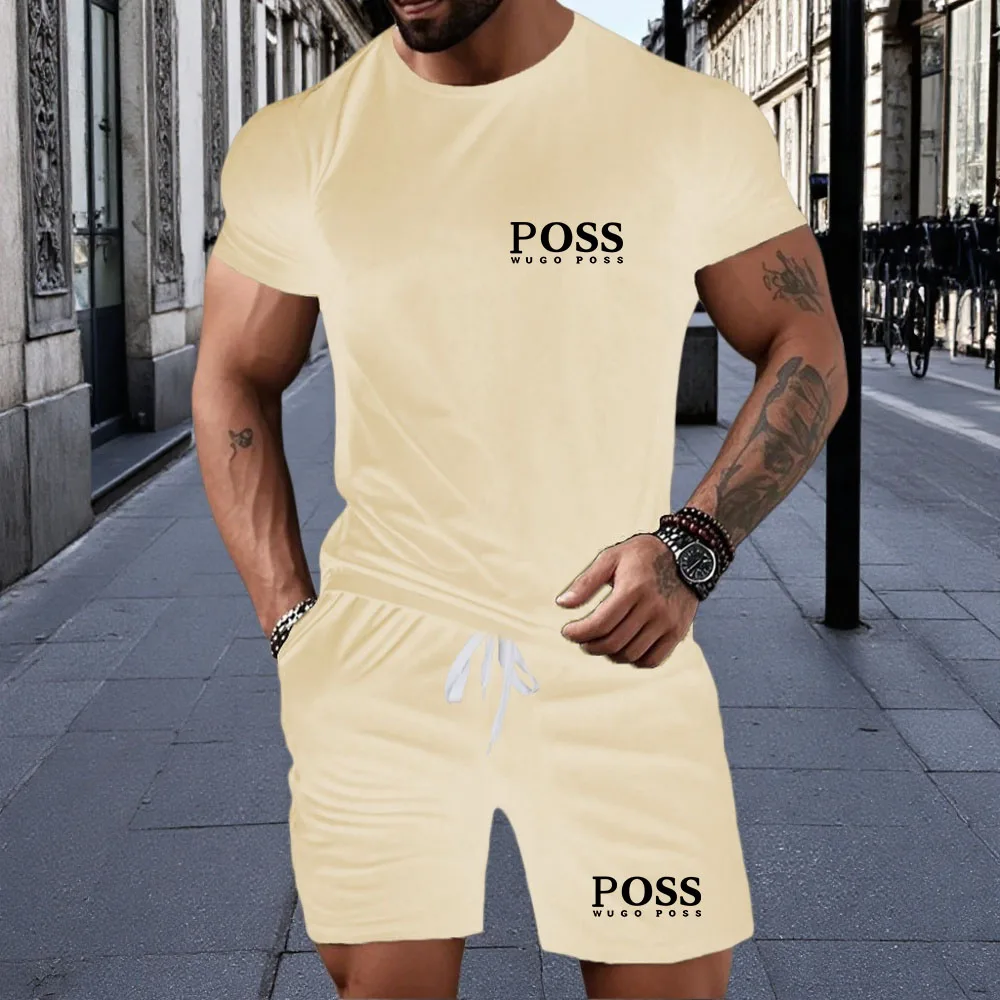 

2026 summer new men's short sleeved T-shirt and shorts set, casual sports round neck short sleeved T-shirt two-piece set