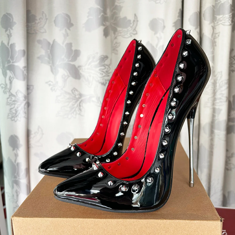 2024 Newly 16cm Extreme Metal High Heels Red Inside Rivets Sexy SM Shiny Black Drag Queen Pumps Model Unisex Shoes Plus Size45