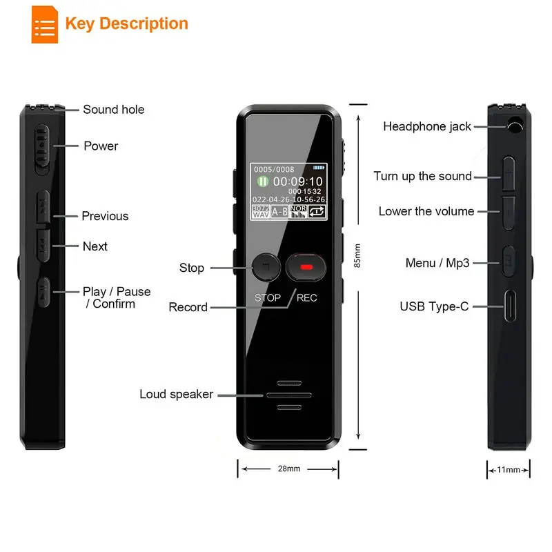 Vandlion V90C 64GB High-Quality Digital Audio Voice Recorder Colorful Display Screen Sound Recording Real Time Record MP3 Player