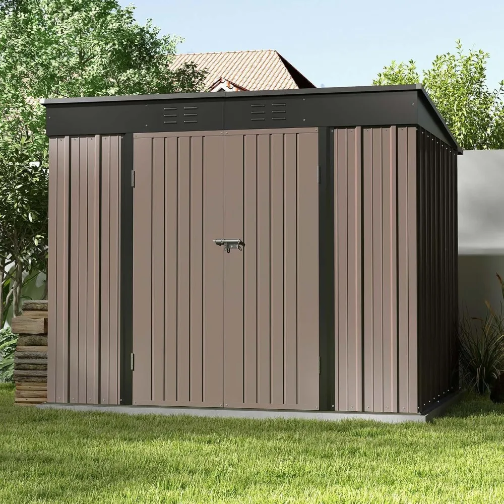 Armazenamento ao ar livre Metal Shed com Ventilação e Bloqueio, Impermeável e Resistente UV, Cor Marrom, 8x6 Polegadas