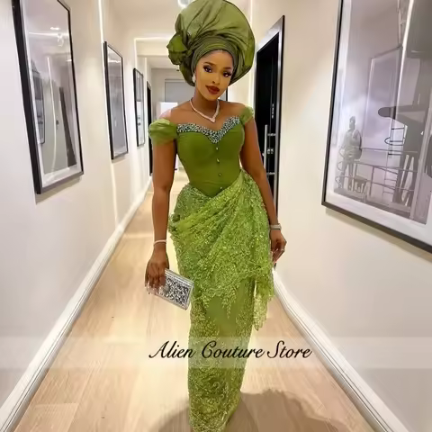 Popular Nigerian Green Birthday Dresses Luxury Beading Lace Wedding Reception Dress African Bridal Dress Aso Ebi Evening Gowns