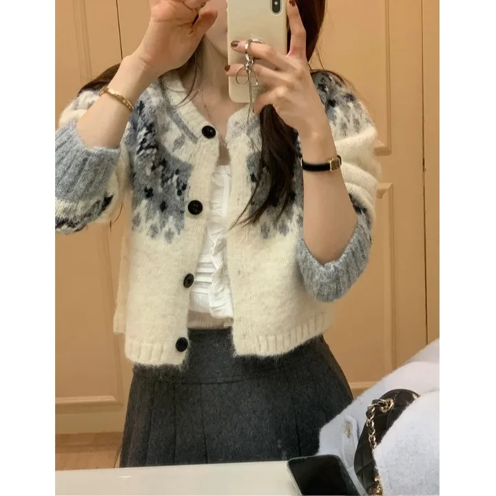 

Chic Retro Fair Isle Pattern Sweater Jaet Women's ort Design Sensation Elegance round Ne Open Cardigan Korean Sle