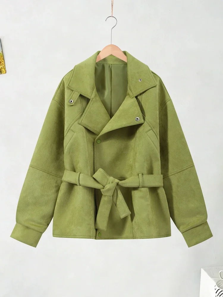 Damenmäntel mit Stehkragen, Schnürung an der Taille, kurze Windjacke, Frühlingsjacke für Damen, langärmlig, schmal geschnitten, modische neue Oberbekleidung – Detail 3