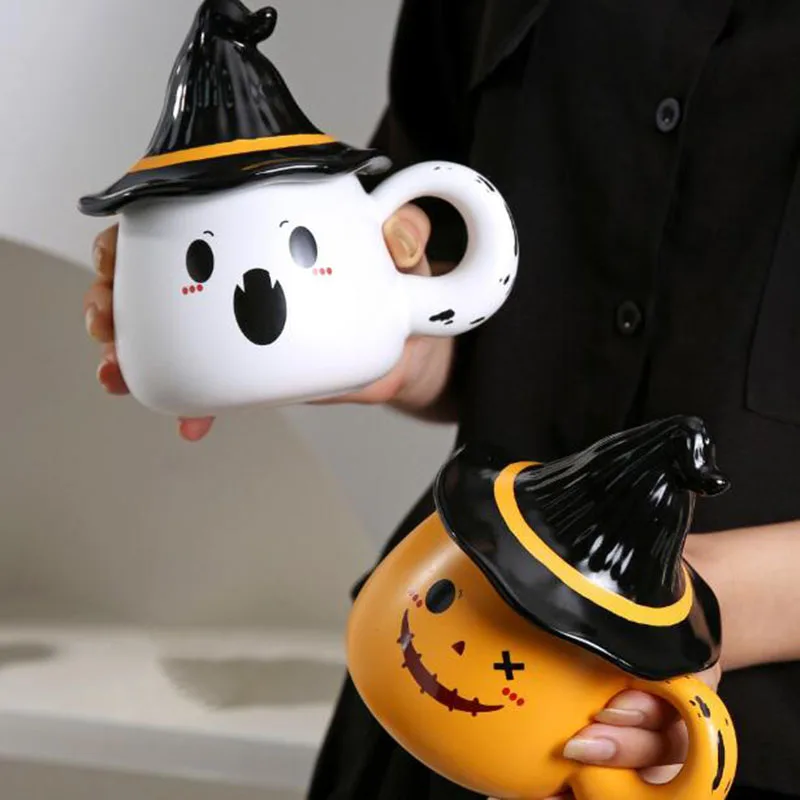 Halloween Festival Creative Ceramic Cup Ghost Milk offee Mug with Lid Breakfast Handgrip Cup Kitchen Drinkware