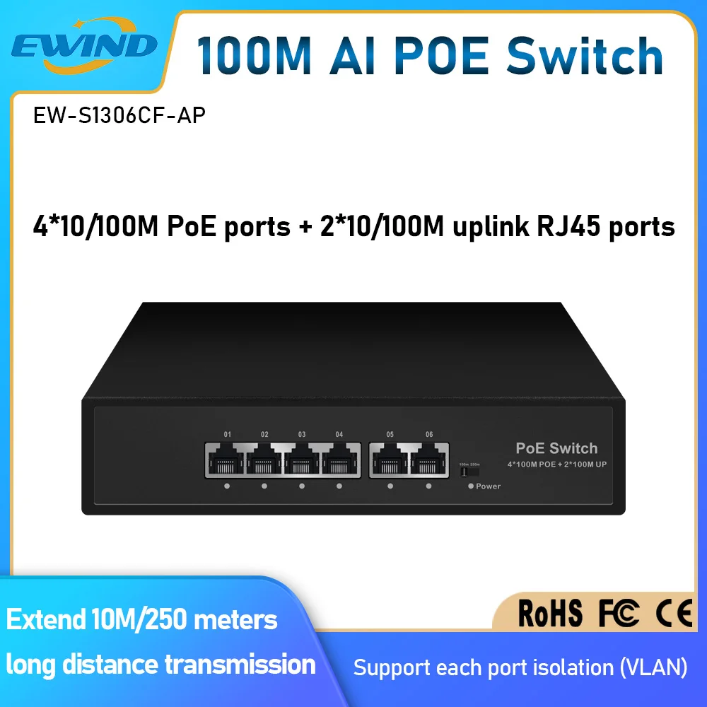 EWIND POE Switch 6 Ports 10/100Mbps AI Smart Ethernet Switch with 2 Uplink RJ45 Ports AI Smart Switch for IP Camera/Wireless AP