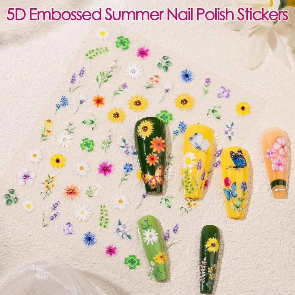 Summer Gel Nail Stickers for Nail Art Designs Adhesive 3D Floral Embossed Decals 4 Sheets Cute 5D Flower Polish Design Stickers Kit for Women Girls Kids DIY Manicure with Nail Art Tweezers Long Lasting Waterproof Nail view 3