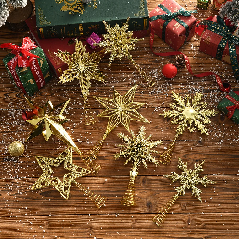 

New Christmas Tree Top Star Gold 3D Plated Plastic Hollow Home Party Decoration Christmas Tree Pentagram Snowflake Octagram Star