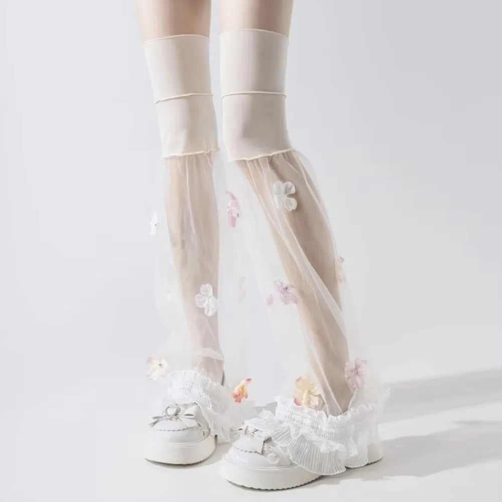 Lolita Style Sheer Thin Over Knee Leg Warmers Floral Decoration Flared Long Leg Warmers Gauze Slouch Socks Women Daily Outfits