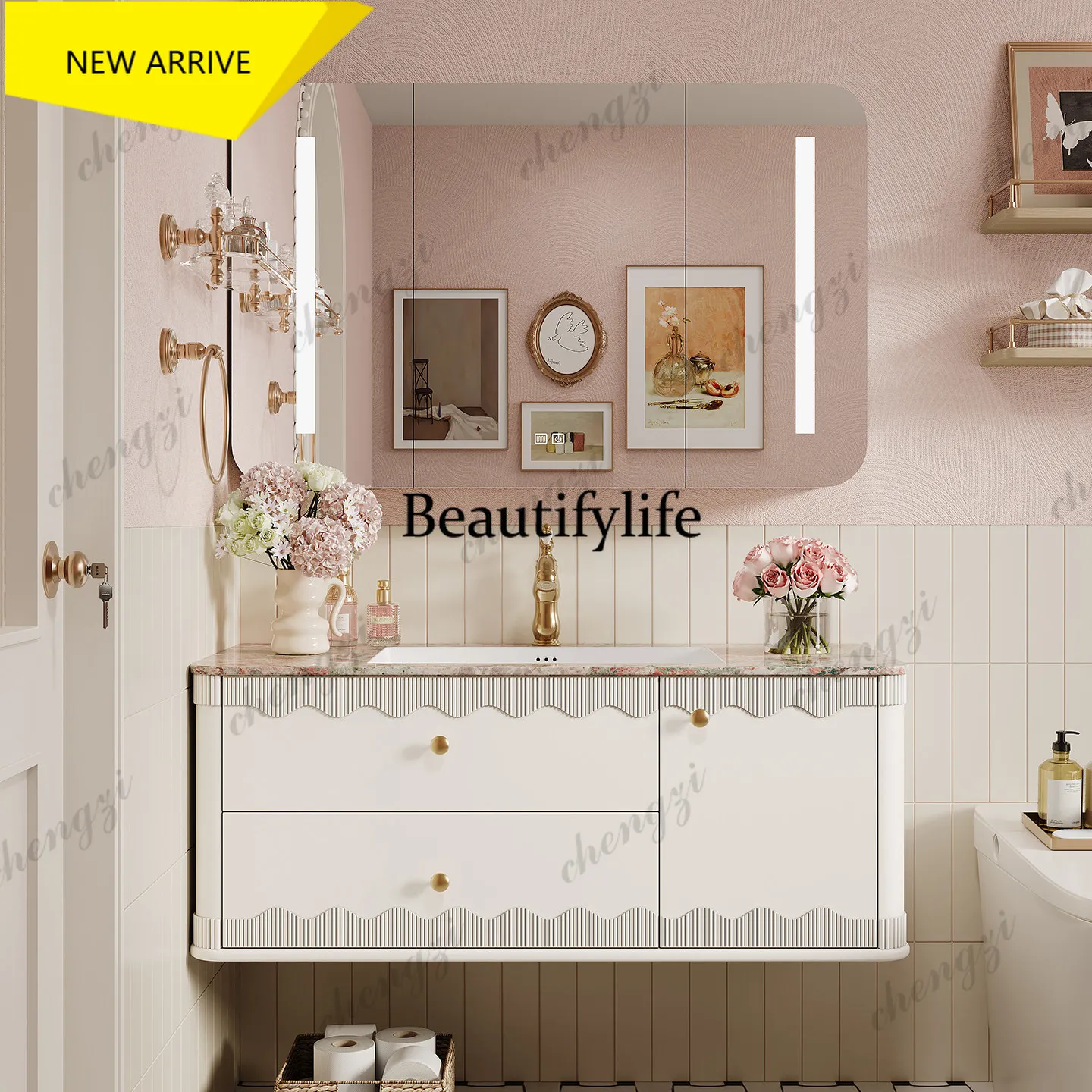 p18   French Cream Wind Oak Bathroom Cabinet Combination Bathroom Slate Wash Bench Hand Basin
