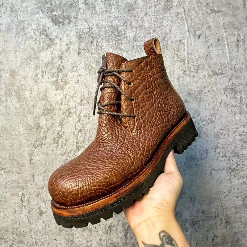 

Handmade Genuine Leather Thick Sole Cowhide Desert Boots Men Shoes Vintage Motorcycle Casual Outdoor Hiking Western Boots Male