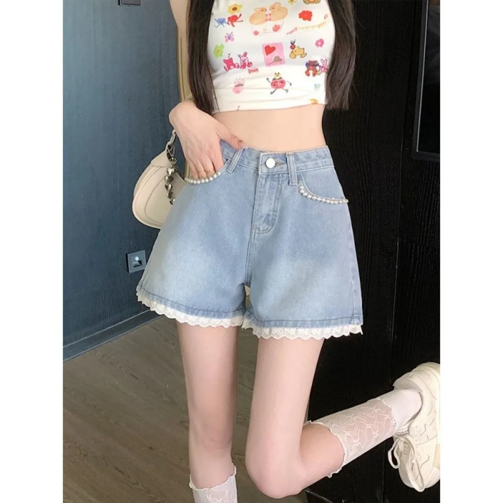 Light Colored Denim Shorts Loose Fit A-Line Cut Women's Denim Shorts Lace Trim Thin Design Lace Trimmed Shorts Summer Wear